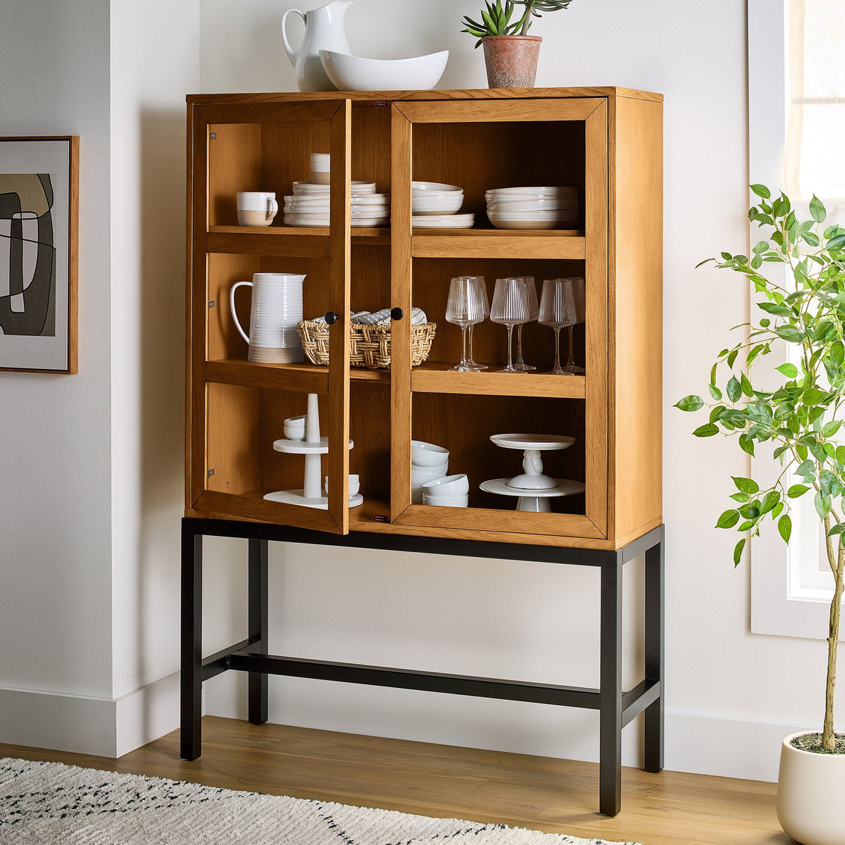Velmora™ Ezra China Cabinet, Light Honey Finish and Black Stand