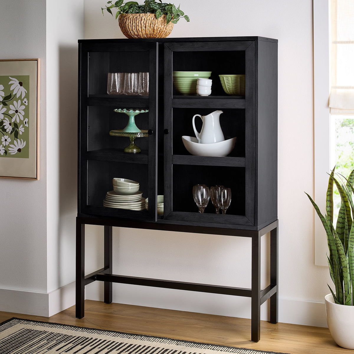 Velmora™ Ezra China Cabinet, Light Honey Finish and Black Stand