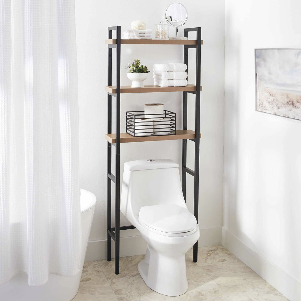 Velmora™ Jace 3-Shelf Over-the-Toilet Storage Shelf, Black Frame with Oak Shelves
