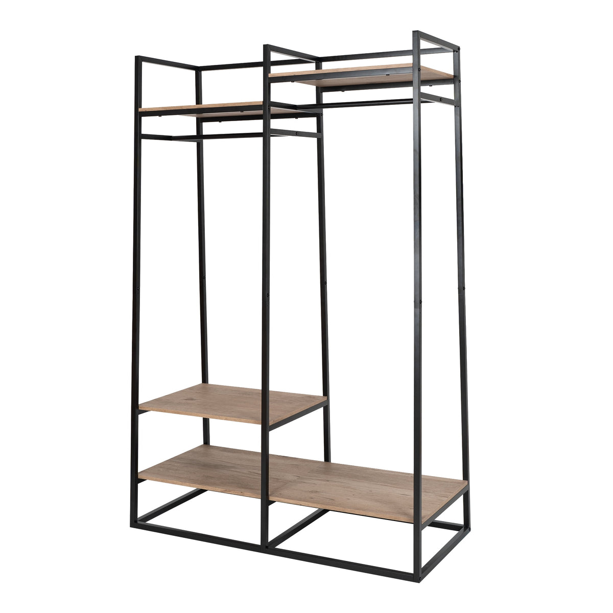 Velmora™ Jace Freestanding Metal 2-Rod Garment Clothes Rack with 4 Wooden Shelves, Black