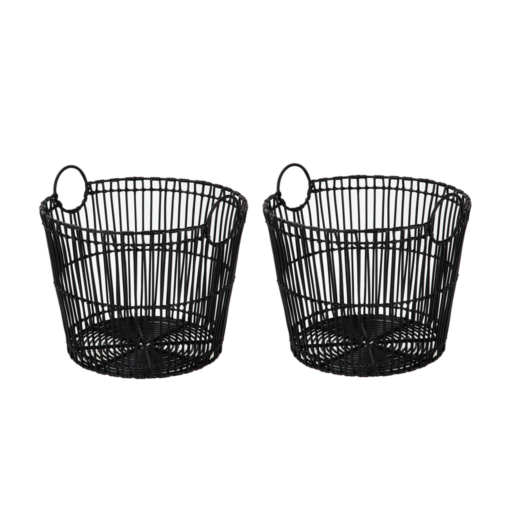 Velmora™ Large Black Poly Rattan Storage Baskets with Handles, Set of 2