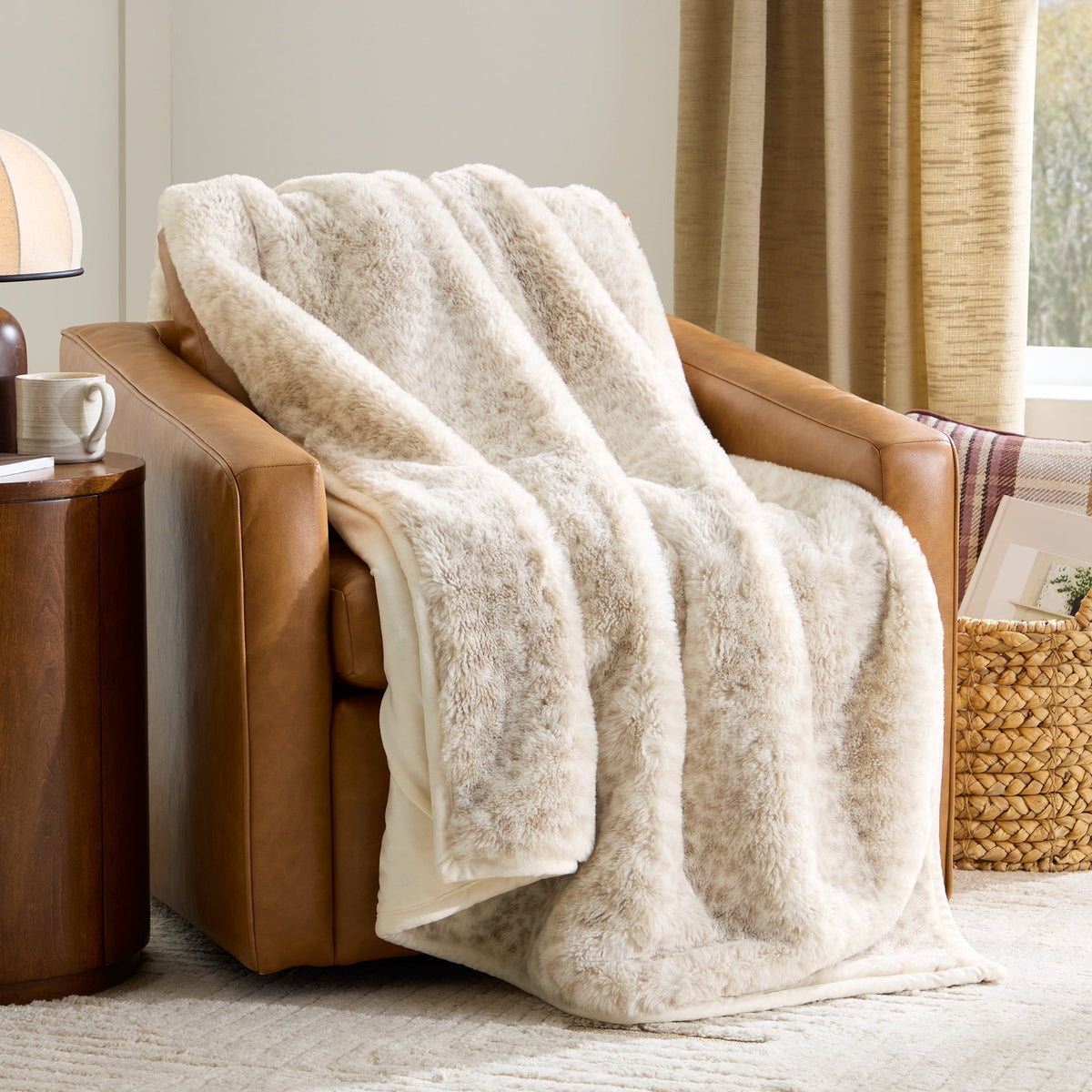 Velmora™ Beige Marbled Exaggerated Channel Faux Fur Oversized Throw, 50" x 72"