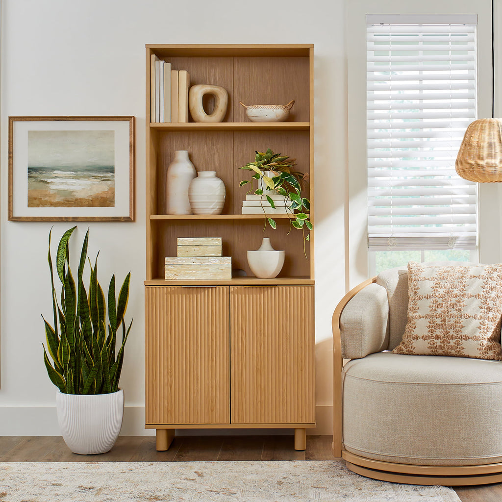 Velmora™ Lillian Fluted Bookcase with Doors and Storage, Walnut Finish