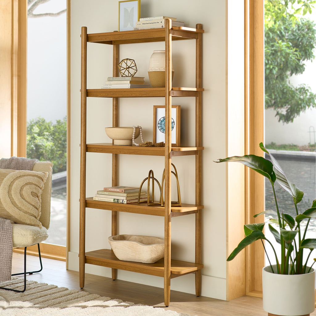 Velmora™ Springwood 5 Shelf Bookcase with Solid Wood Frame, Light Honey Finish