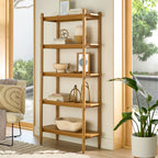 Velmora™ Springwood 5 Shelf Bookcase with Solid Wood Frame, Light Honey Finish