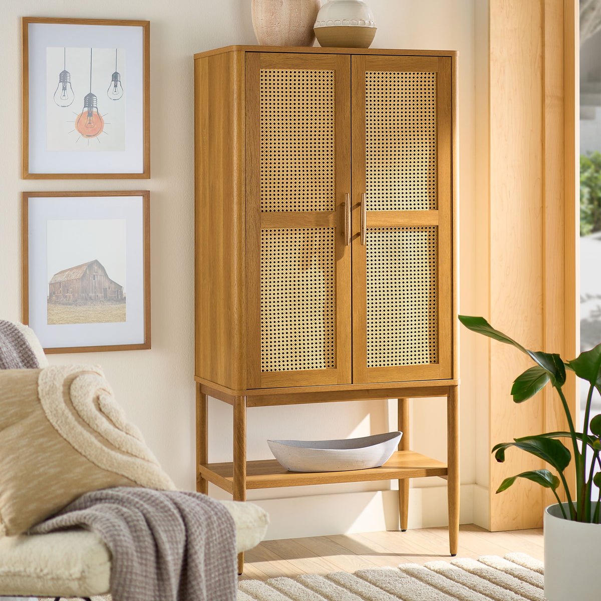 Velmora™ Springwood Caning Storage Accent Cabinet, Light Honey Finish