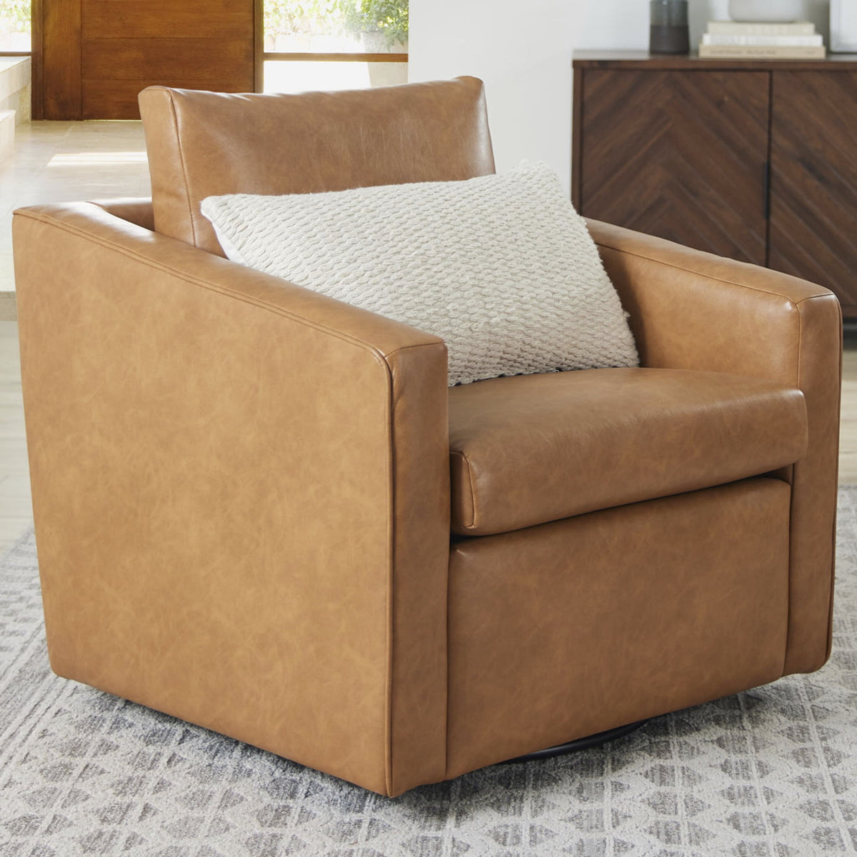Velmora™ Steele Swivel Accent Chair, Camel Faux Leather