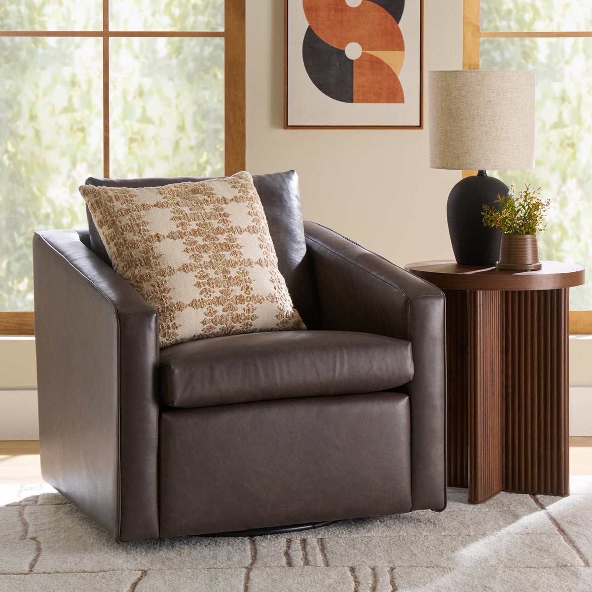 Velmora™ Steele Swivel Accent Chair, Camel Faux Leather