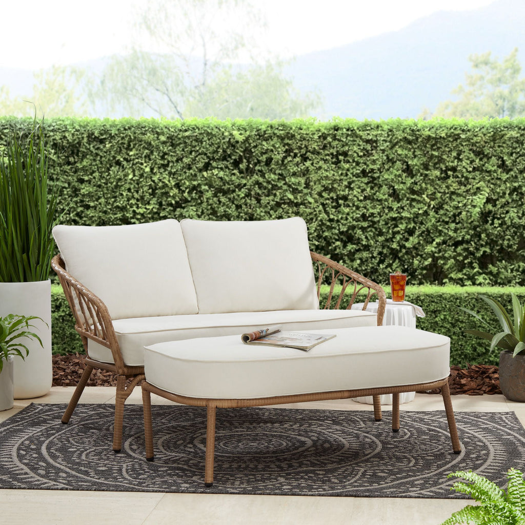Velmora™ Willow Sage All-Weather Wicker Outdoor Loveseat and Ottoman Set, Beige