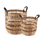 Velmora™ 2-Pack Round Decorative Storage Baskets with Faux Leather Handles, Natural, 14.5 in x 16.5 in