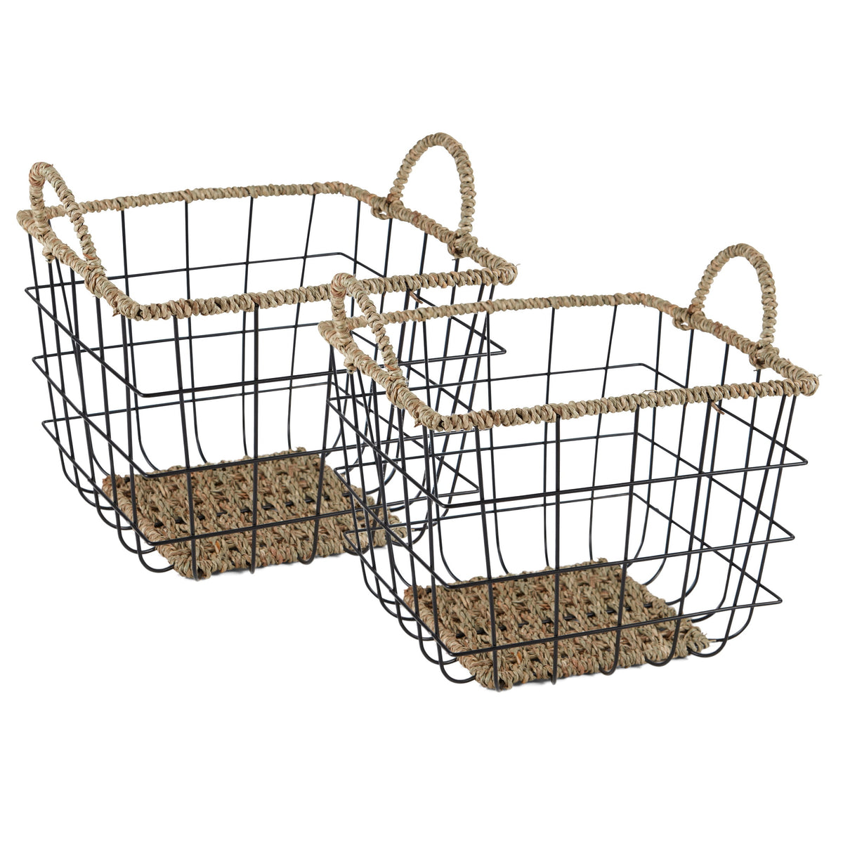 Velmora™ 2-Pack Square Wire Storage Baskets with Woven Trim, Black Metal, 10"L x 10"W x 10"H – Decorative Bin for Pantry, Closet, Bathroom, or Office Organization