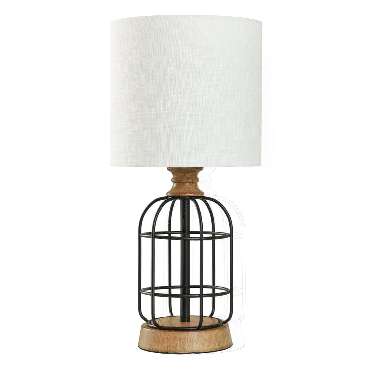 Velmora™ Black Metal Cage Table Lamp with Wood Accents and Drum Shade, 17"