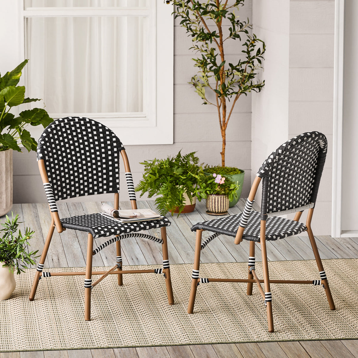 Velmora™ Lilah 2-Piece Wicker Outdoor Parisian Bistro Chairs, Black & White