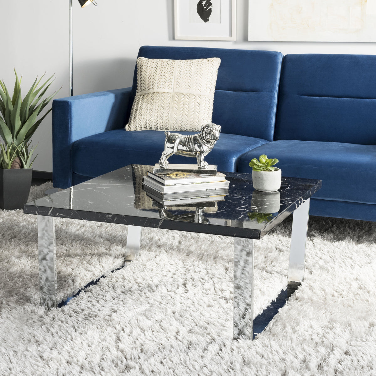 Velmora™ Carmen Modern Glam Square Coffee Table, Black Marble/Chrome