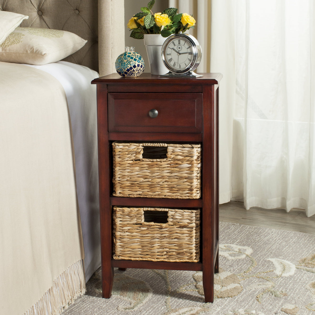Velmora™ Everly Contemporary Side Table with Drawer and Two Baskets, Distressed White