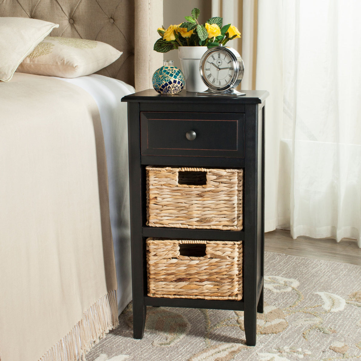Velmora™ Everly Contemporary Side Table with Drawer and Two Baskets, Distressed White