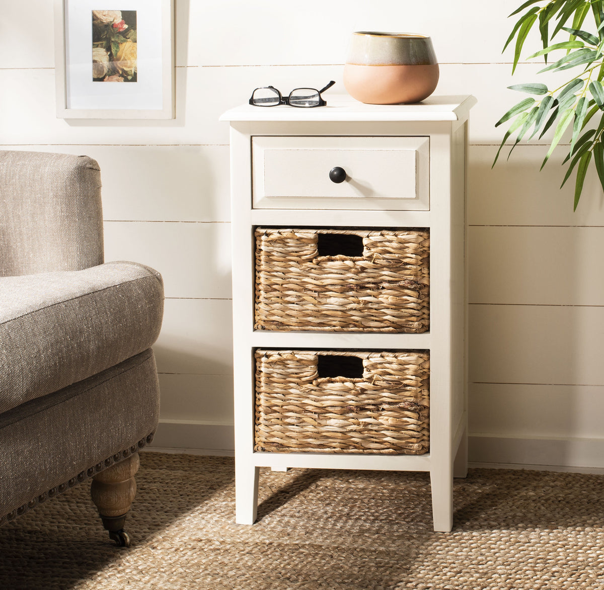 Velmora™ Everly Contemporary Side Table with Drawer and Two Baskets, Distressed White