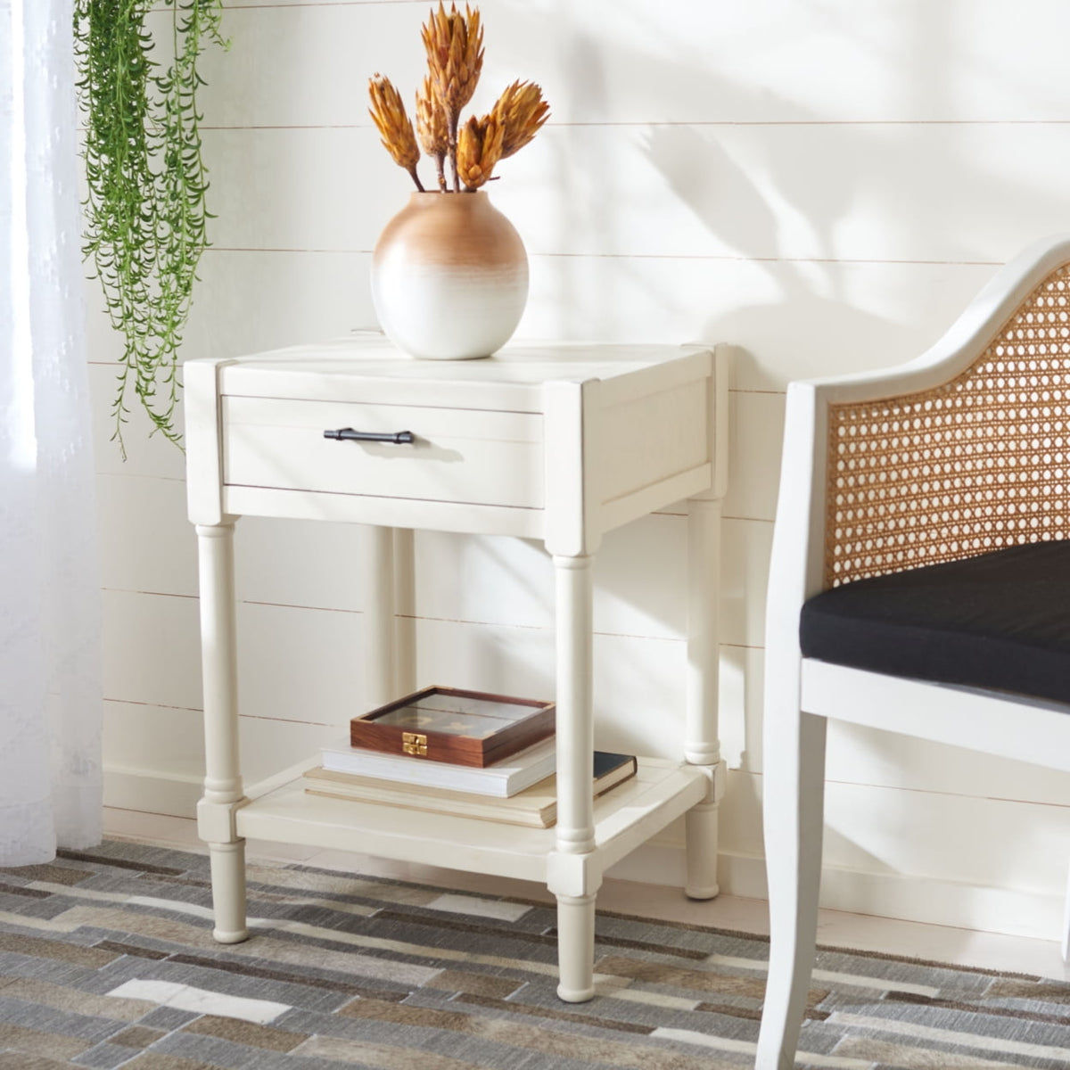 Velmora™ Filbert Solid Rustic 1 Drawer Accent Table, Distressed White