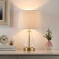 Velmora™ 18 in Clear Glass Table Lamp with Brass Metal Base and Beige Shade