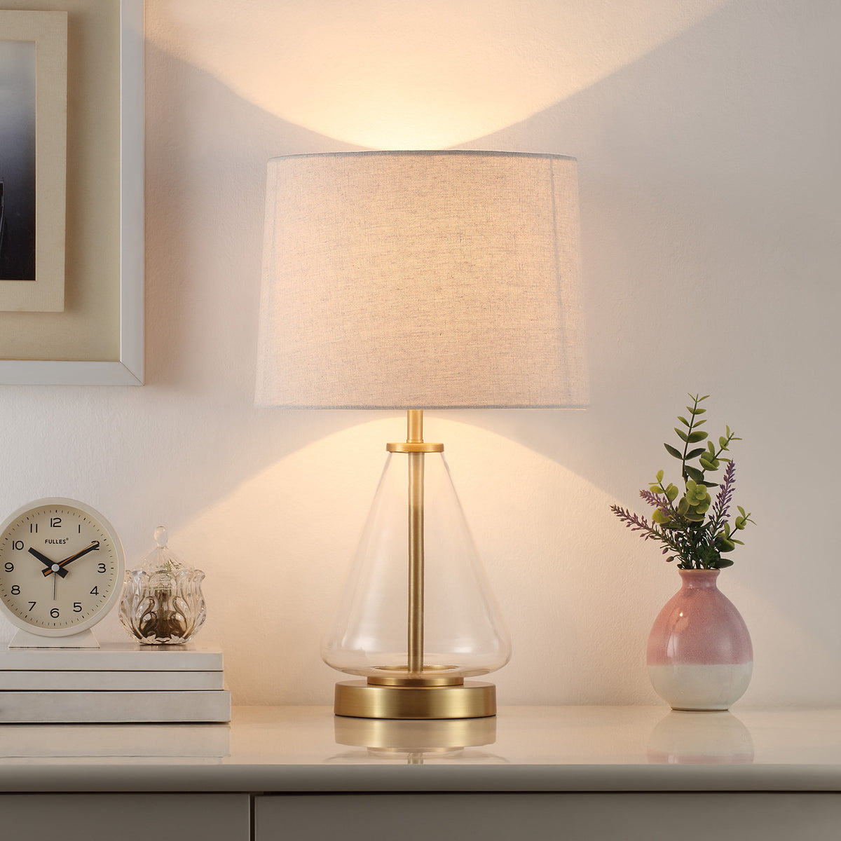 Velmora™ 18 in Clear Glass Table Lamp with Brass Metal Base and Beige Shade
