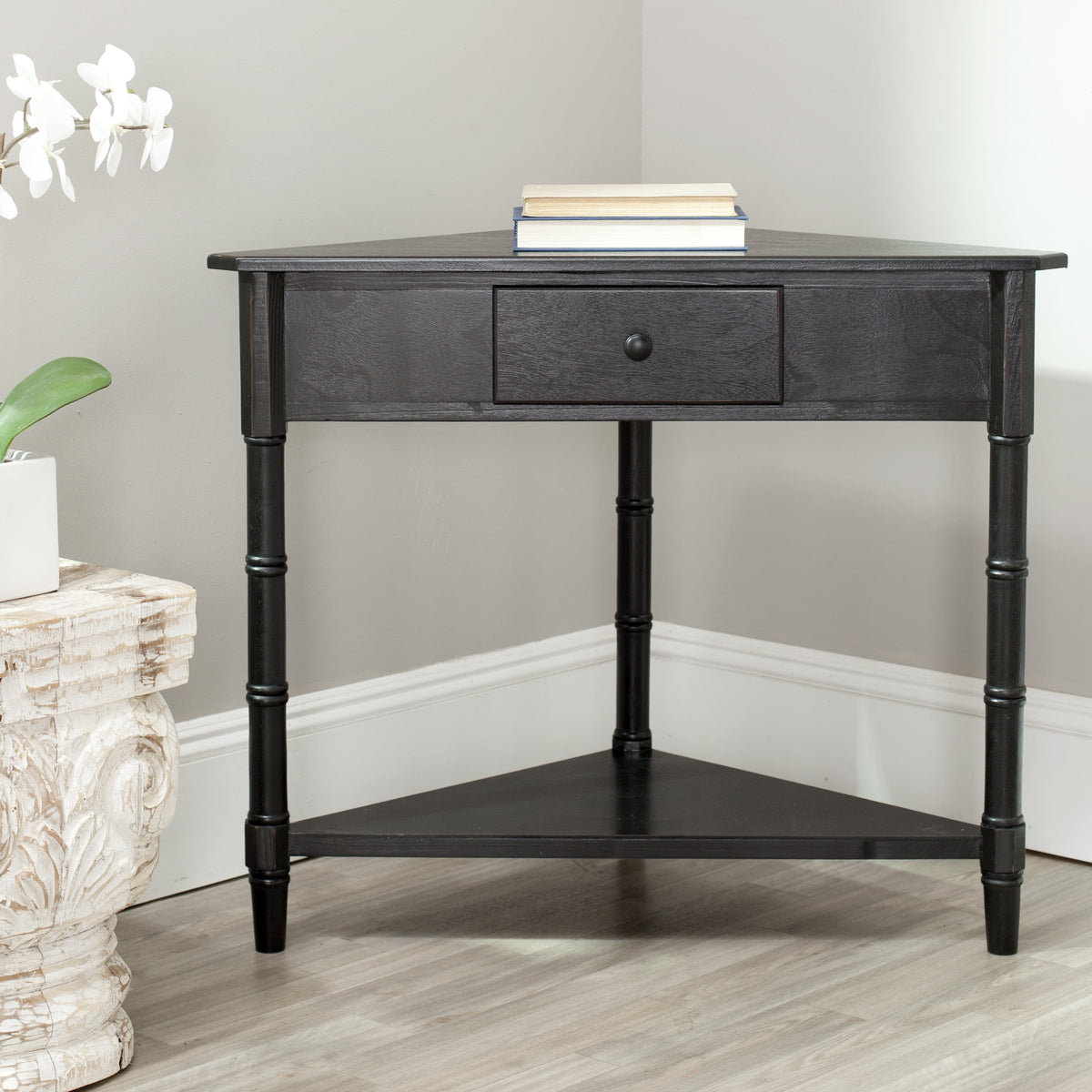 Velmora™ Gomez Solid Casual Corner Table With Storage Drawer, Distressed Black