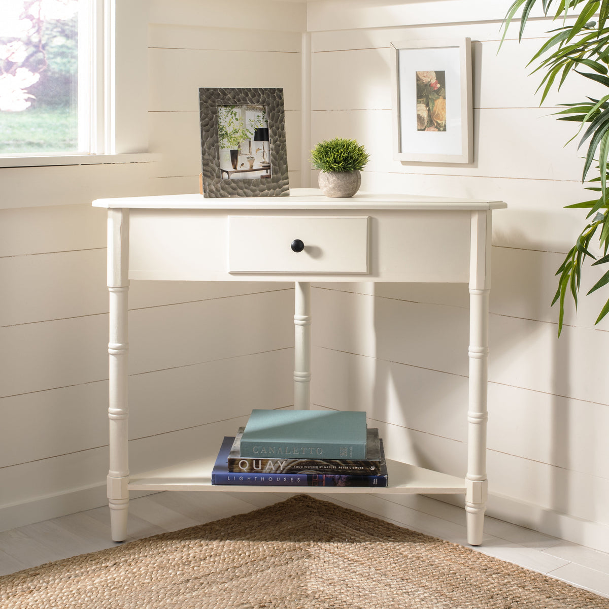 Velmora™ Gomez Solid Casual Corner Table With Storage Drawer, Distressed Black