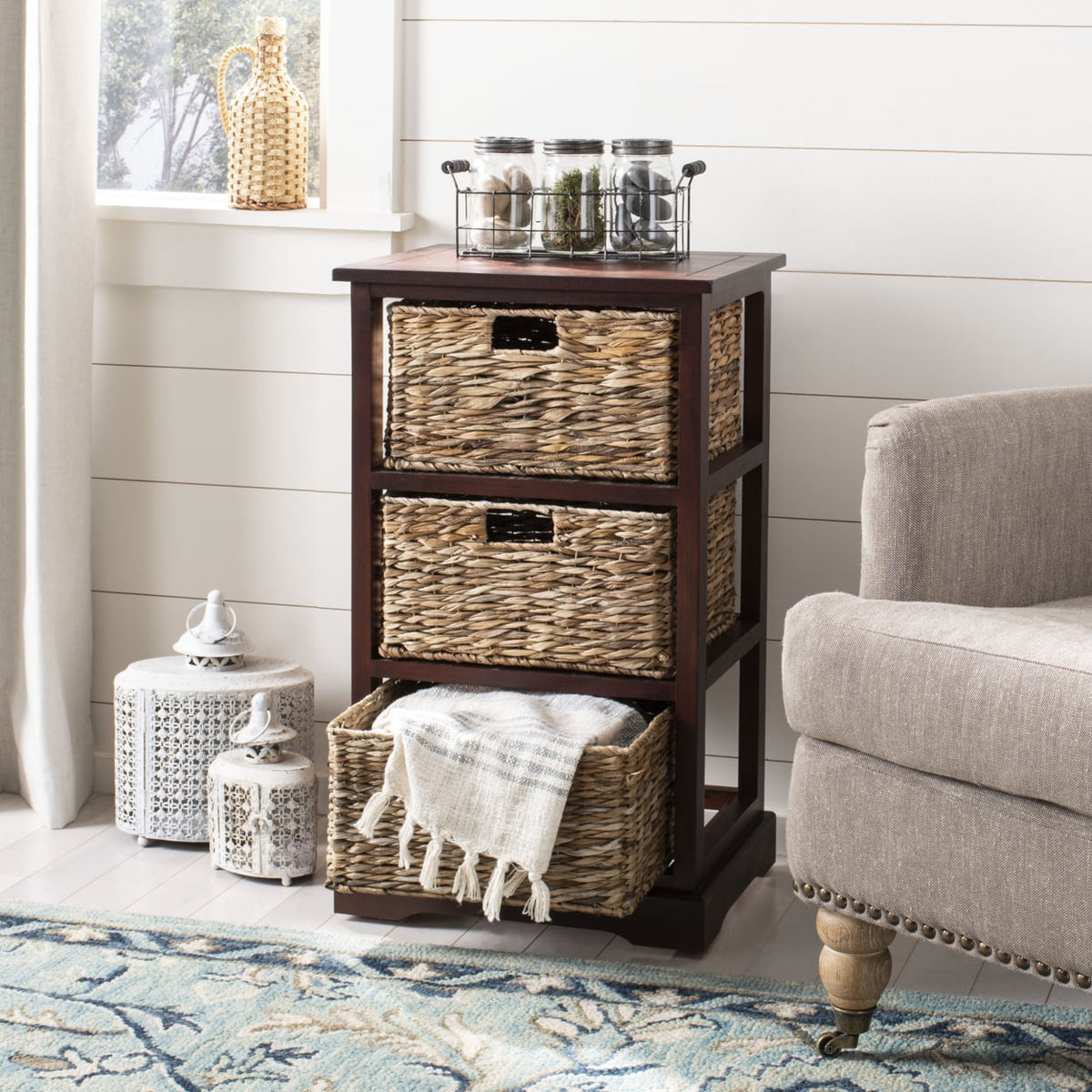 Velmora™ Halle Solid 3 Wicker Basket Storage Side Table, Vintage White