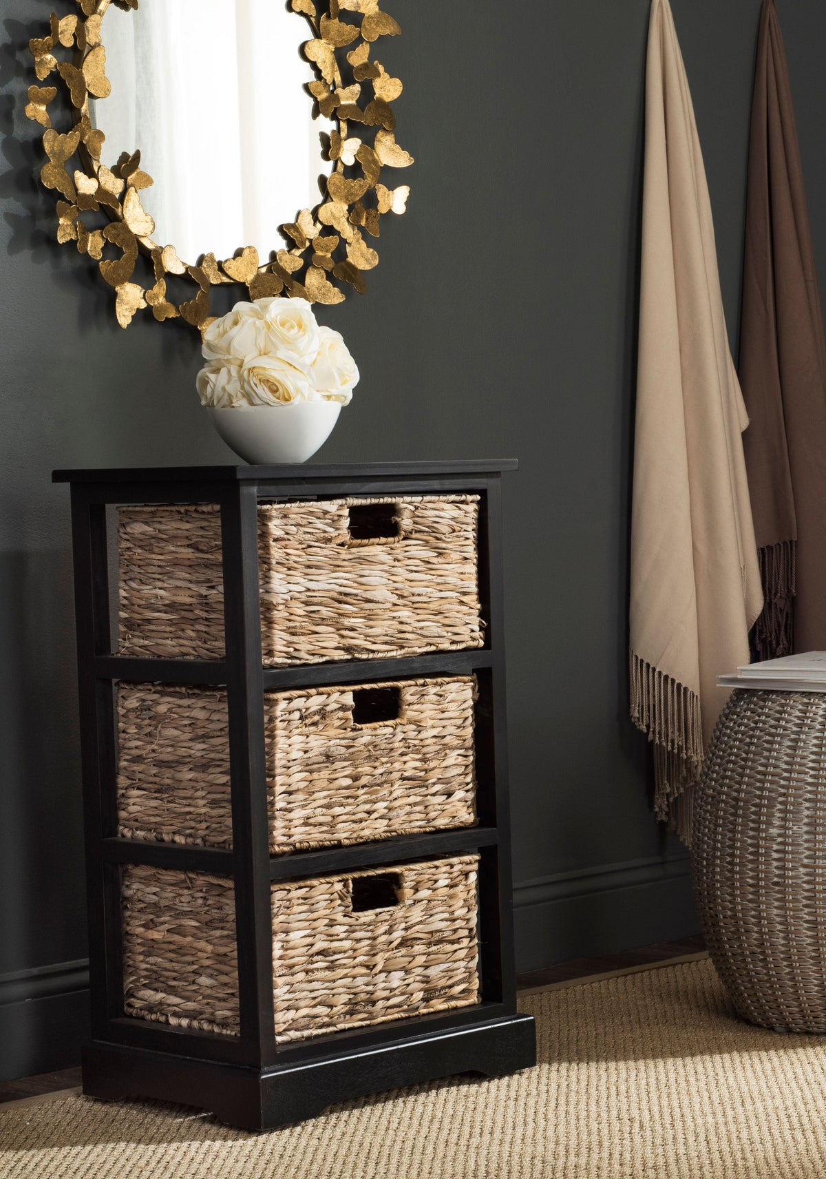 Velmora™ Halle Solid 3 Wicker Basket Storage Side Table, Vintage White
