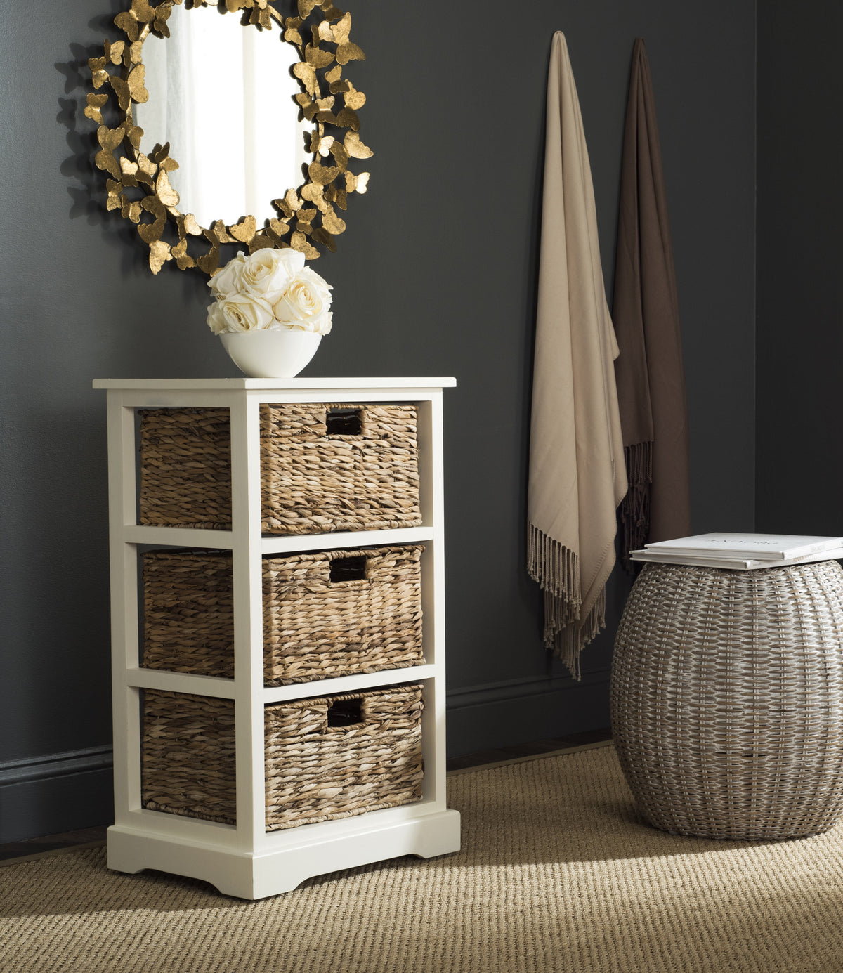 Velmora™ Halle Solid 3 Wicker Basket Storage Side Table, Vintage White