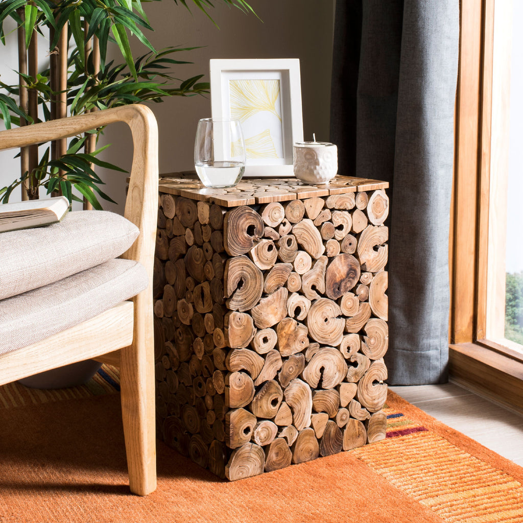 Velmora™ Jefferson Nautical Rustic Teak Oak Square Stool/Table, Medium Oak/Black