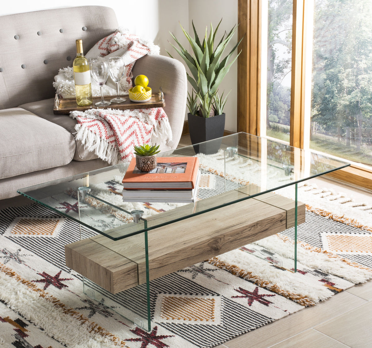 Velmora™ Kayley Rectangular Modern Glass Coffee Table, Natural
