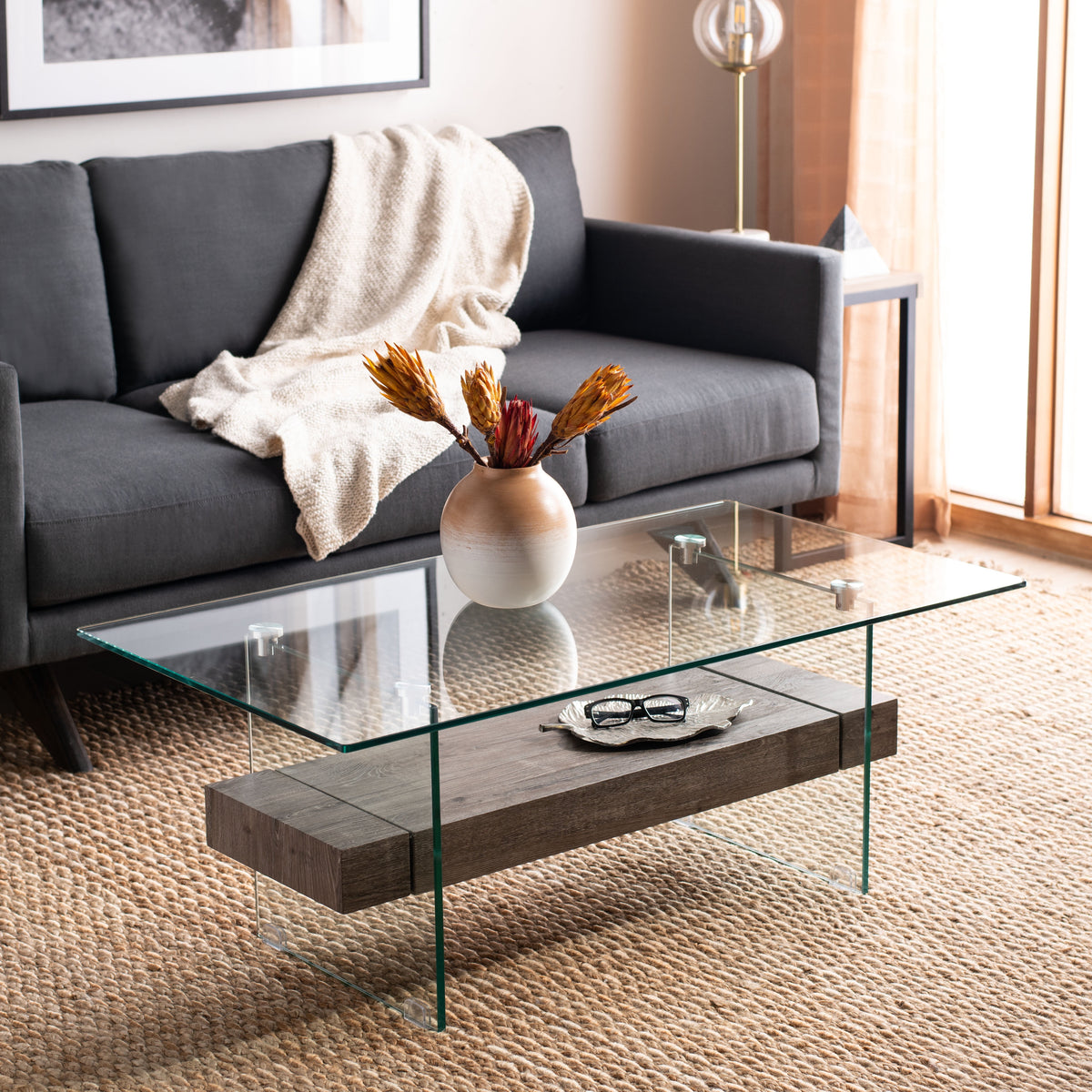 Velmora™ Kayley Retro 2 Tier Glass Coffee Table, Grey Oak