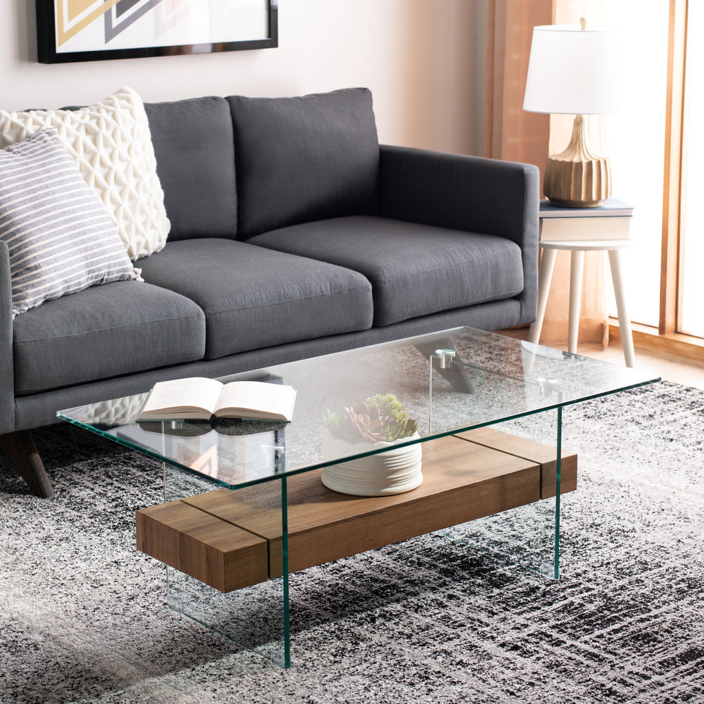Velmora™ Kayley Retro 2 Tier Glass Coffee Table, Natural Brown
