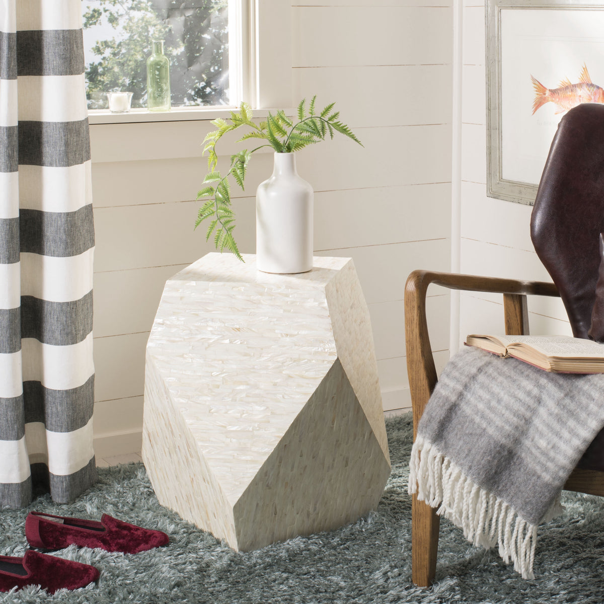 Velmora™ Lea Glam Mosaic Geometric Side Table, Light Beige/Multi