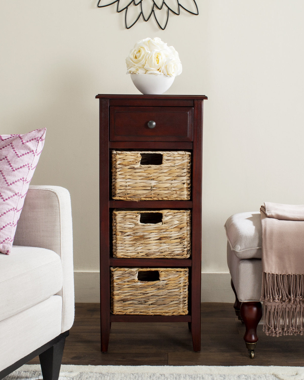 Velmora™ Michaela Nautical Side Table w/ Drawer and 3 Baskets, Vintage White