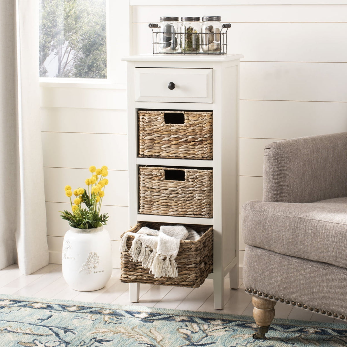 Velmora™ Michaela Nautical Side Table w/ Drawer and 3 Baskets, Vintage White