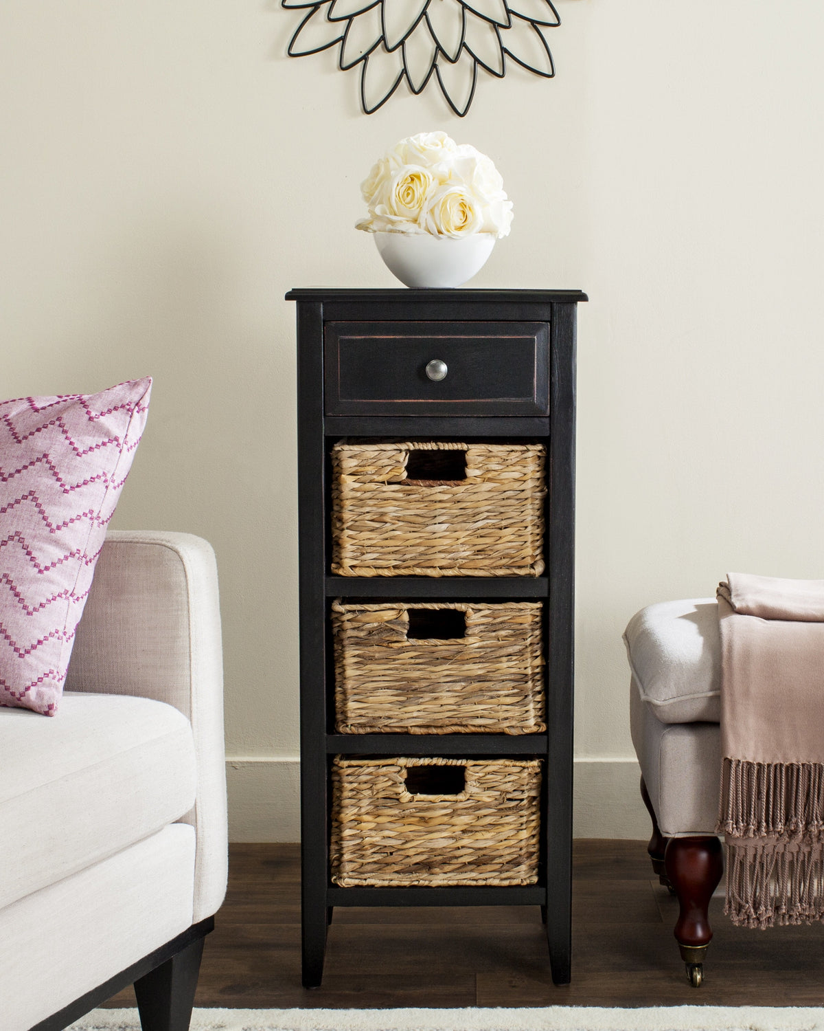 Velmora™ Michaela Nautical Side Table w/ Drawer and 3 Baskets, Vintage White