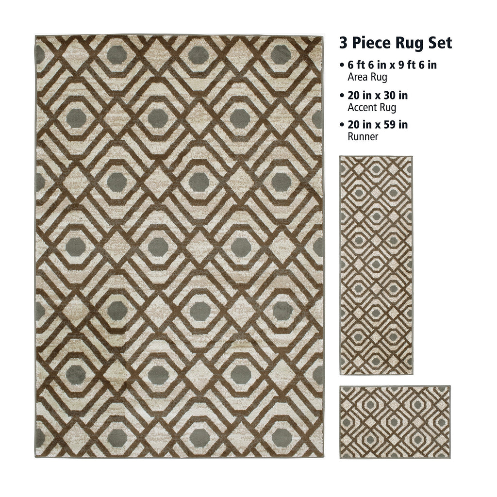 Velmora™ Neutral Geometric Beige 3 Piece Indoor Area Rug Set