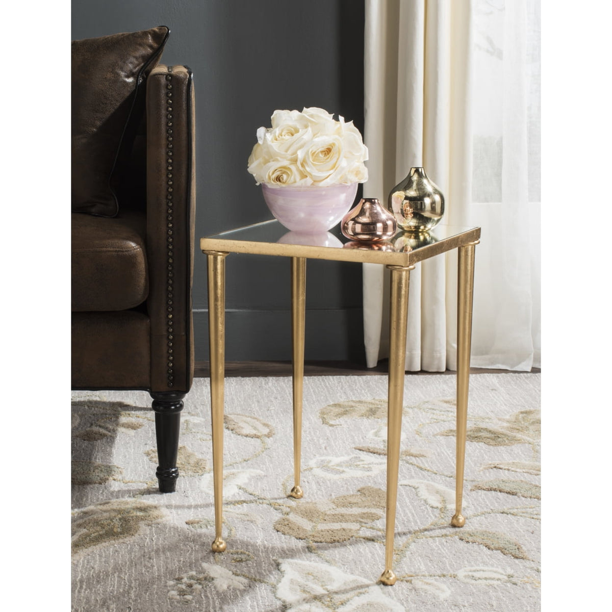 Velmora™ Nyacko Solid Class Mirror Top Gold Leaf End Table