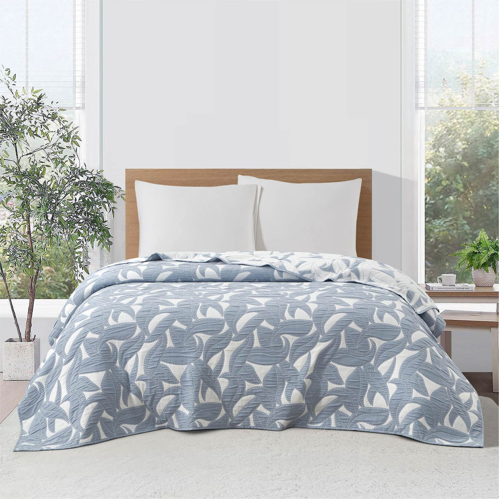 Velmora™ Reversible King Quilt, Light Blue, Leaf-Stitched, Lightweight Bedding
