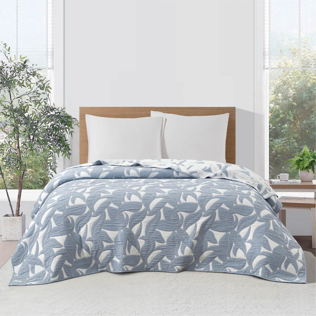Velmora™ Reversible King Quilt, Light Blue, Leaf-Stitched, Lightweight Bedding
