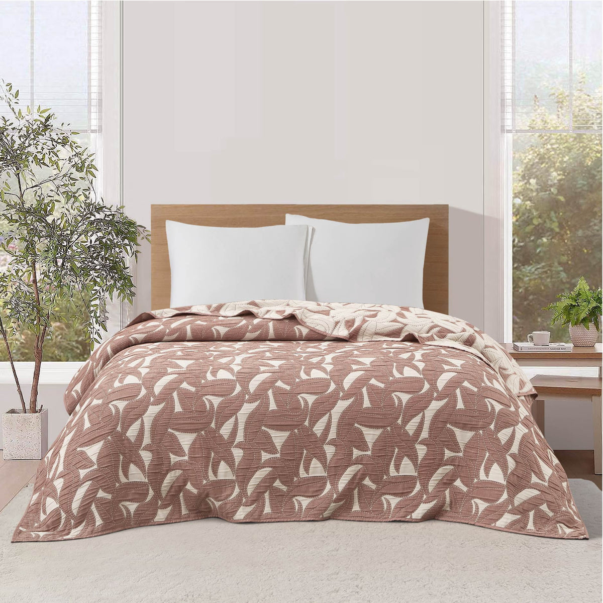 Velmora™ Reversible King Quilt, Light Blue, Leaf-Stitched, Lightweight Bedding