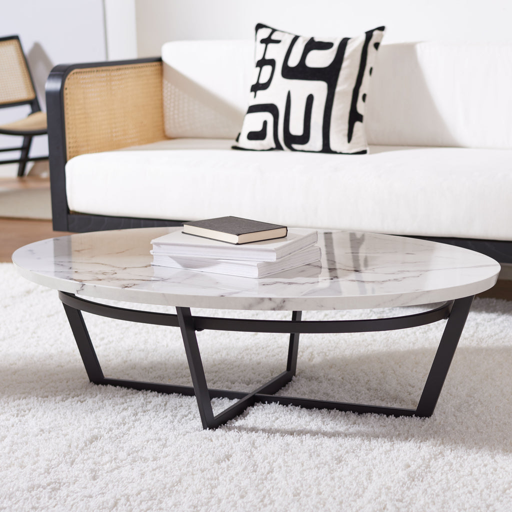 Velmora™ Placido Abstract Oval Coffee Table, White Marble/Black