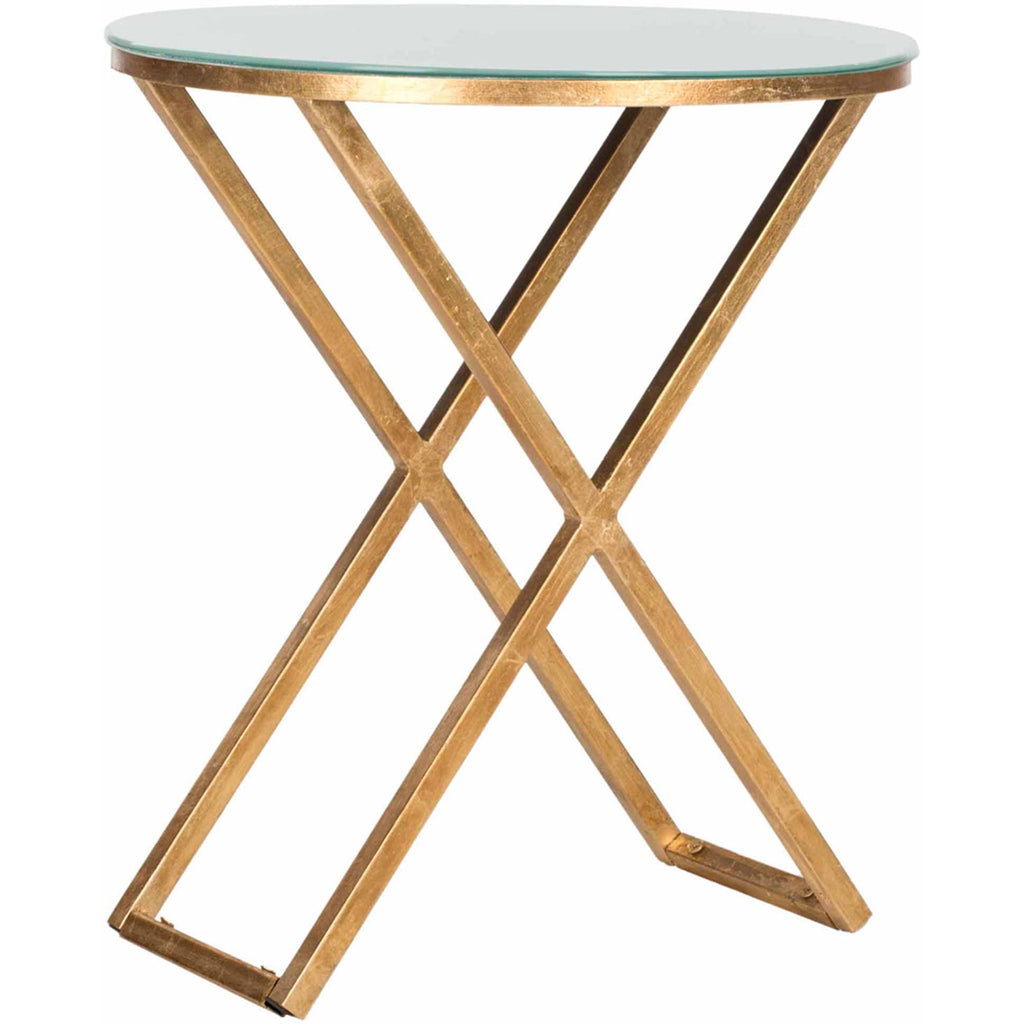 Velmora™ Riona 23 in. H Round Top Cross Legs Accent Table, Gold/White Glass