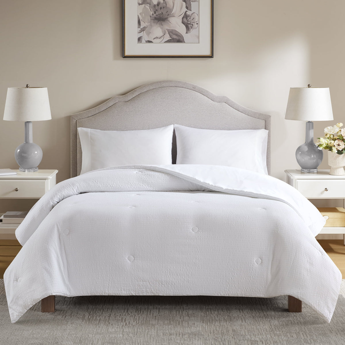 Velmora™ King Comforter, Reversible Down Alternative, All-Season, White Seersucker