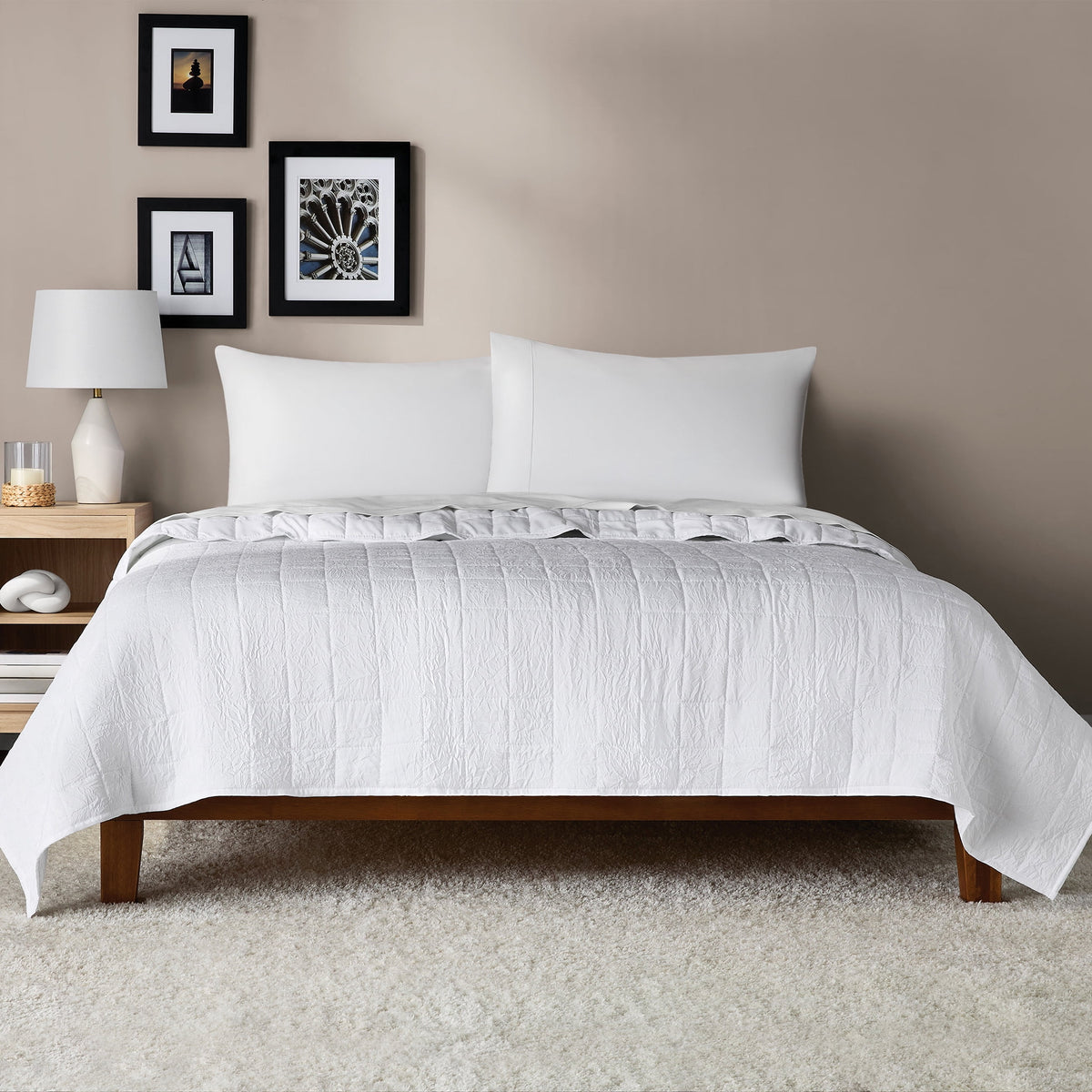 Velmora™ Crinkle Quilt, King, White, Soft Wash Microfiber Bedding