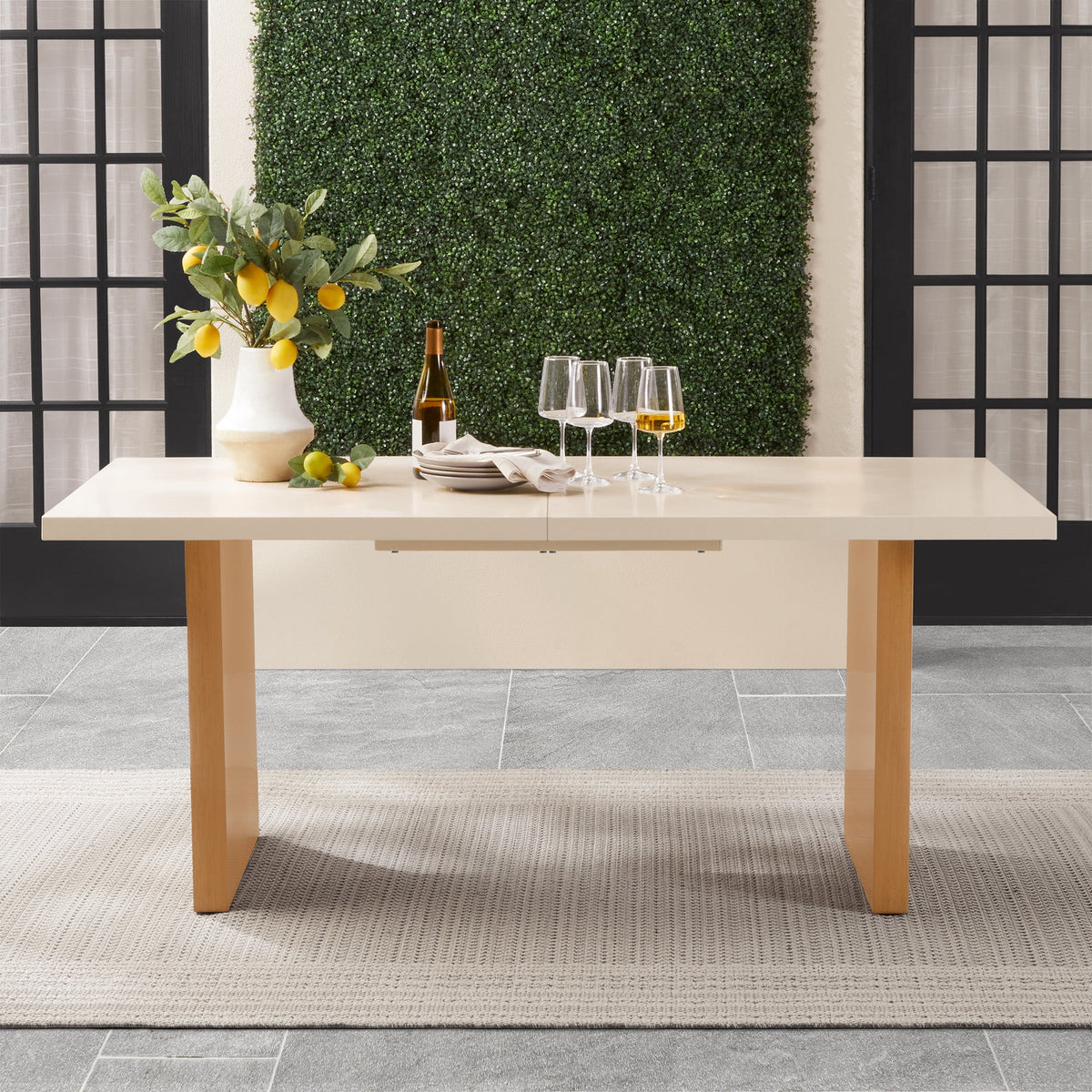 Velmora™ Vista Steel Metal Top Outdoor Dining Table, Cream Stone Metal Top with Teak Legs