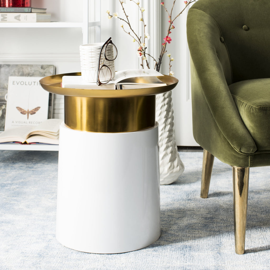 Velmora™ Zenith Round Modern Glam Tray Top Side Table, White/Gold