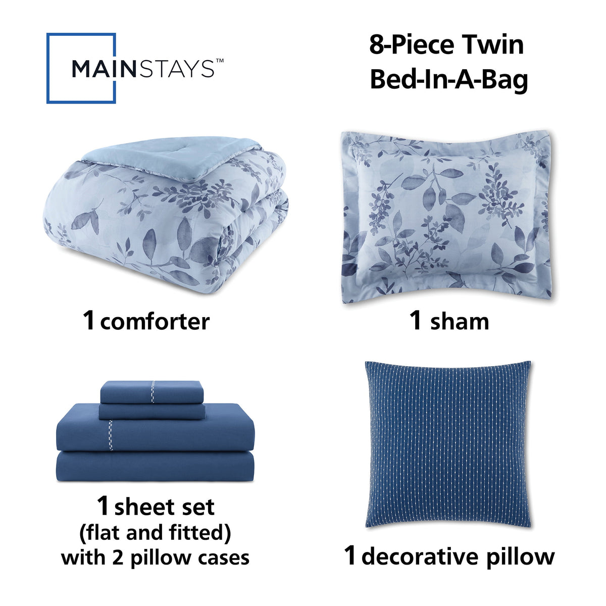 Velmora™ Reversible Bed-in-a-Bag Comforter and Sheet Set, 8-Piece, Twin, Blue Floral