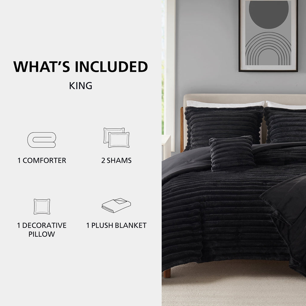 Velmora™ King Comforter Set, 5-Piece, All-Season, Black Cozy Plush